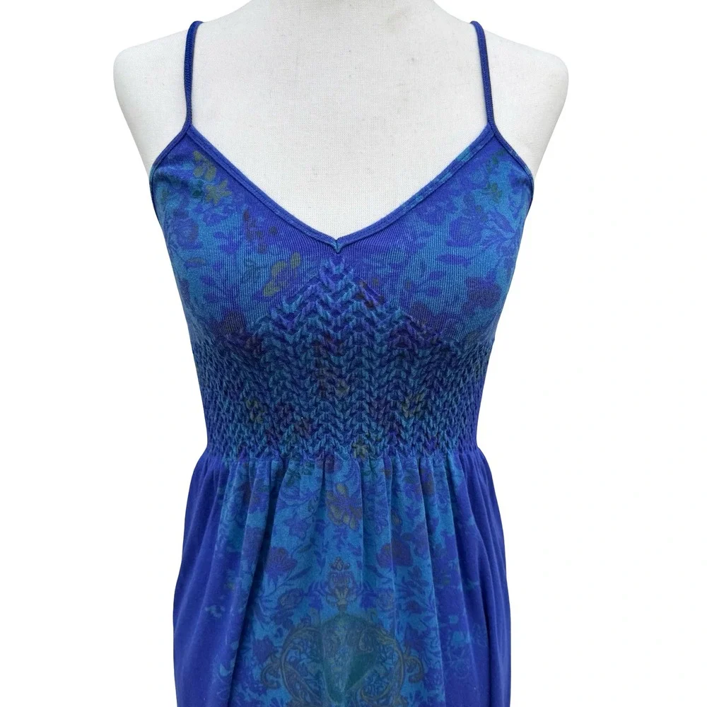 M Rena Blue Floral Damask Smocked Bodice Cami Mini Dress Indie Boho Festival S/M